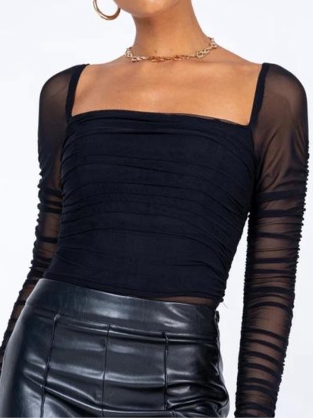 Princess Polly Black Ruched Square-Neck Long Sleeve Mesh Top